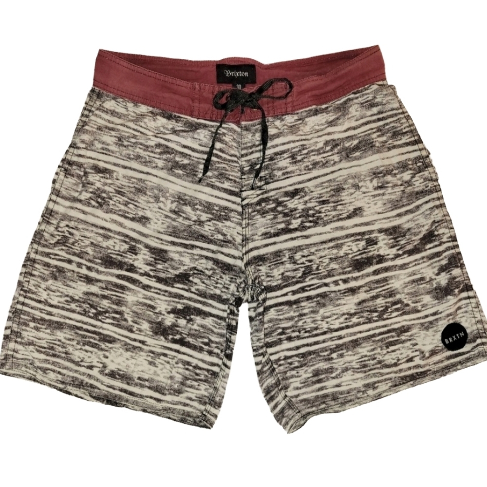 Brixton "Plank" Board Shorts Size 30 Black & White With Dark Red Waist & Pocket